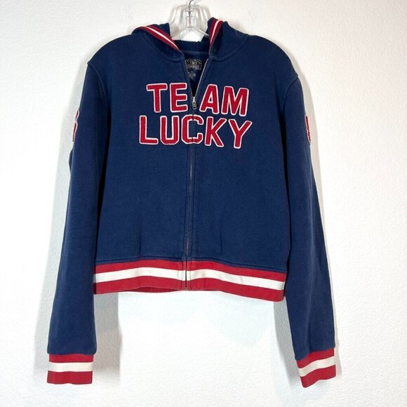 Vintage Lucky Jacket Hoodie Embroidered White Blue Red Medium - Picture 1 of 10